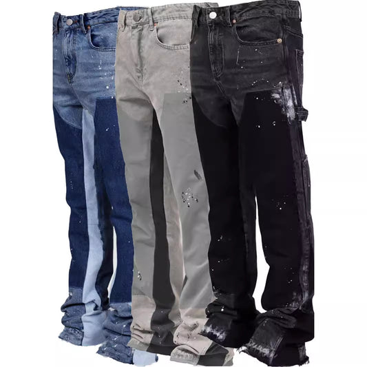 Men's Elastic Patch Denim Laminated Bell-bottom Pants