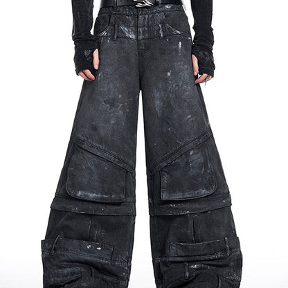 Double Waist Hand-painted Graffiti Jeans Men's Autumn And Winter Straight Patchwork Cargo Pants