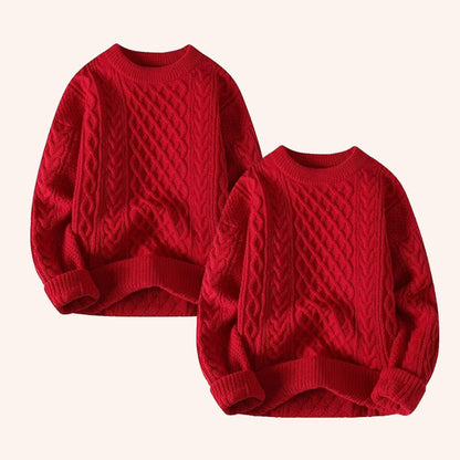 Couple's Red Sweater Men's Lazy Thick Hemp Flowers Knitwear Coat Cotton Knitwear Winter Wool