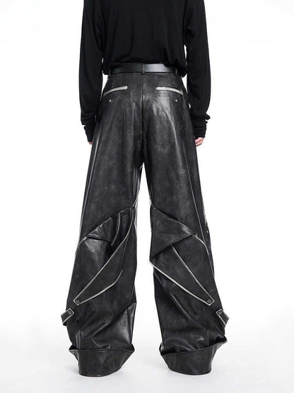 Deconstruction Design Heavy Glossy Leather Pants