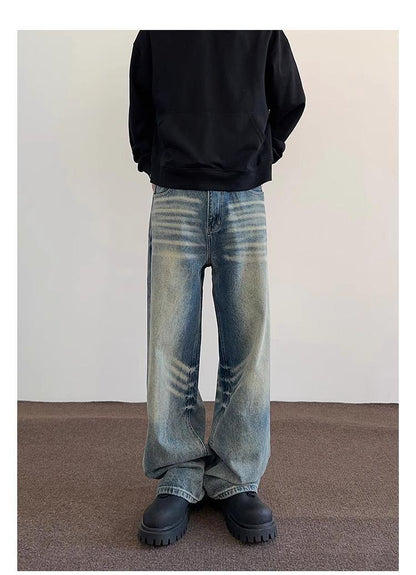 Men's Loose Straight Washed-out Vintage Jeans With Whiskers