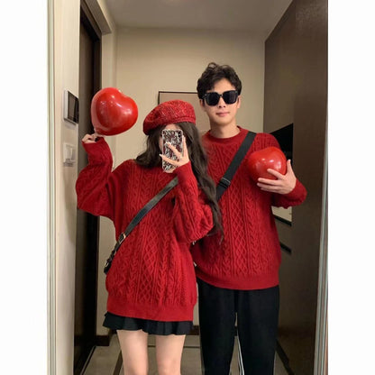 Couple's Red Sweater Men's Lazy Thick Hemp Flowers Knitwear Coat Cotton Knitwear Winter Wool