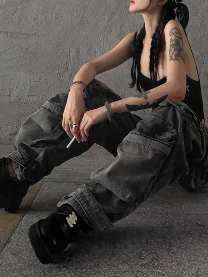 Women Baggy Y2K Goth Cyber Punk Denim Pants Cargo Pants