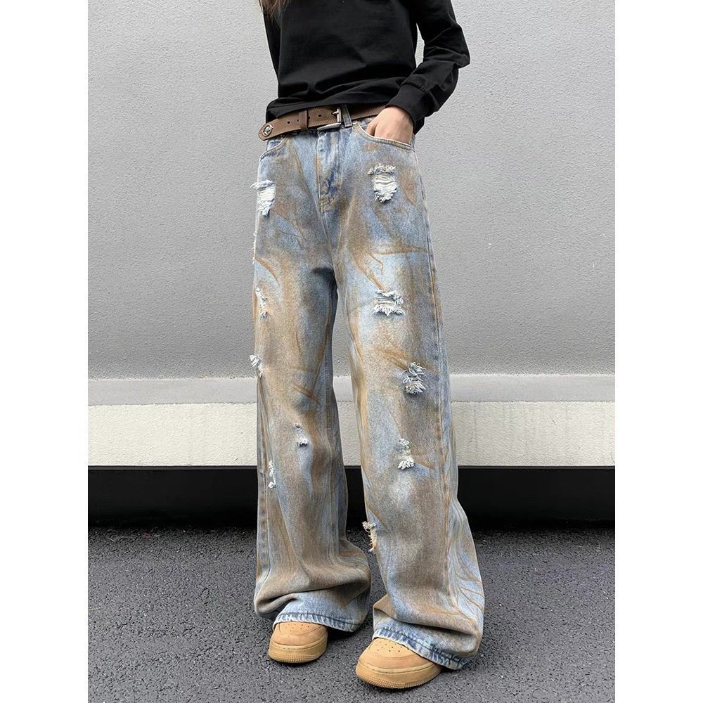 Washed Old Straight Wide-leg Pants Loose