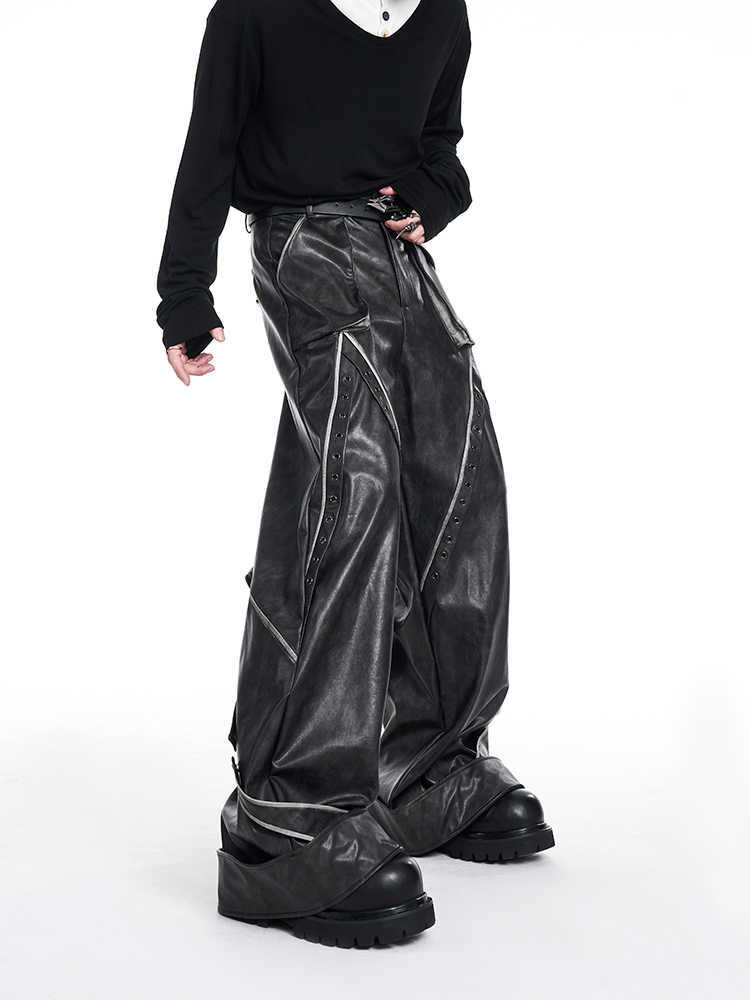 Deconstruction Design Heavy Glossy Leather Pants