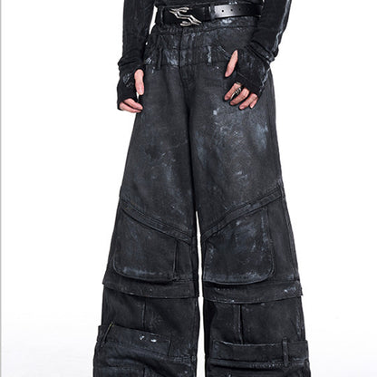 Double Waist Hand-painted Graffiti Jeans Men's Autumn And Winter Straight Patchwork Cargo Pants