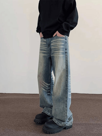 Men's Loose Straight Washed-out Vintage Jeans With Whiskers