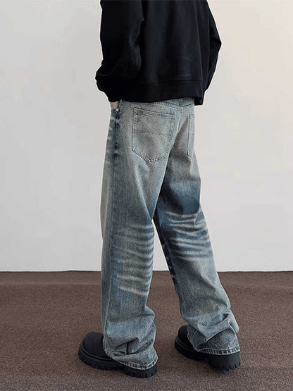 Men's Loose Straight Washed-out Vintage Jeans With Whiskers